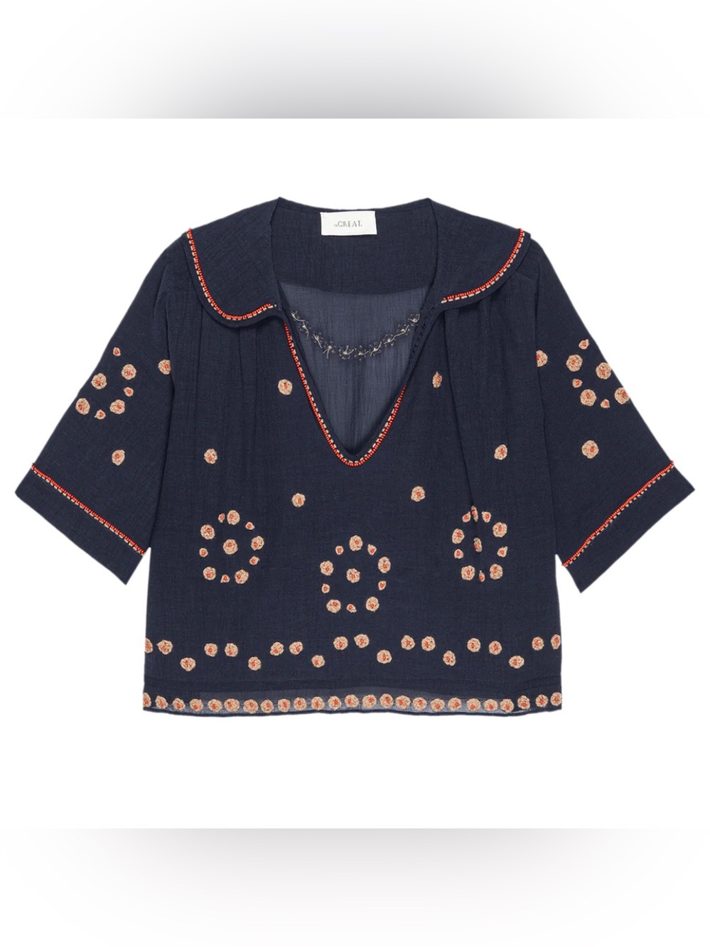 THE BEADED VINTAGE SAILOR TOP IN NAVY by The Great. PTP 23” ($459 usd)